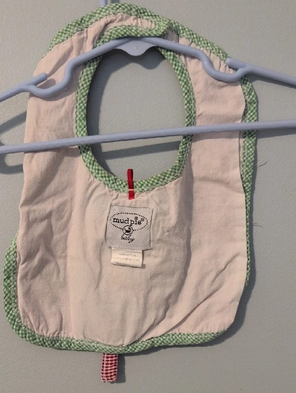 Mud Pie Red Gingham Bib with Green Trim and Reindeer Applique